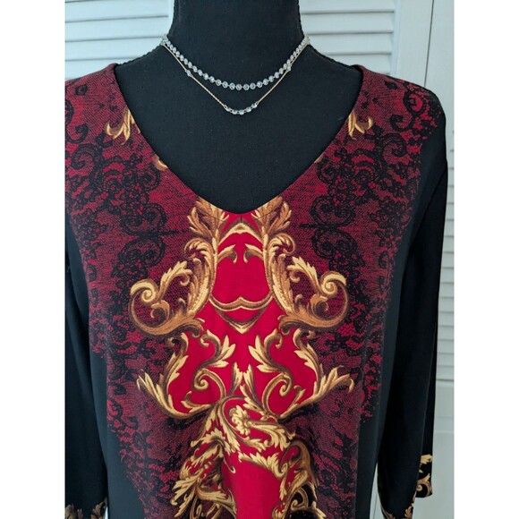 Susan Graver Tunic Top Womens M Red Black Gold Damask Print Glamcore Maximalist - Picture 2 of 11